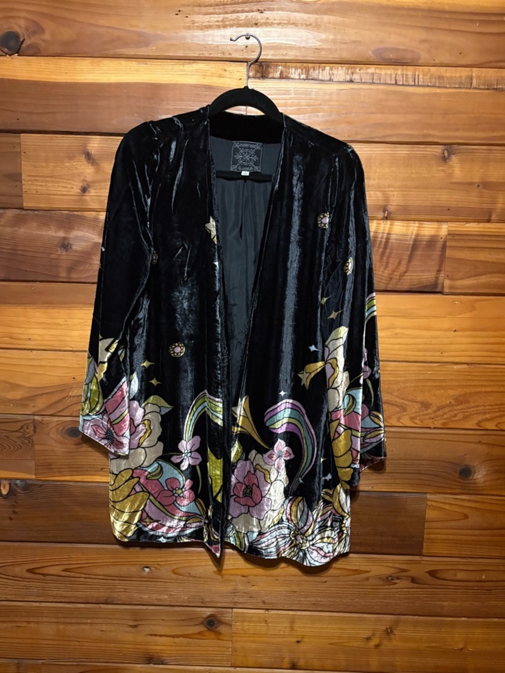 Johnny Was Black Velvet Floral Kimono Jacket with Pink, Gold & Green Accents